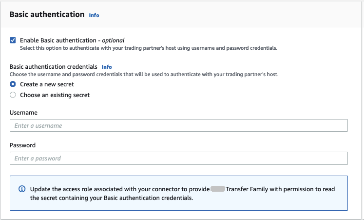 
                                         Amazon Transfer Family 控制台中的 “创建连接器” 页面，显示了 “基本身份验证” 部分，并选择了 “创建新密钥”。
                                    