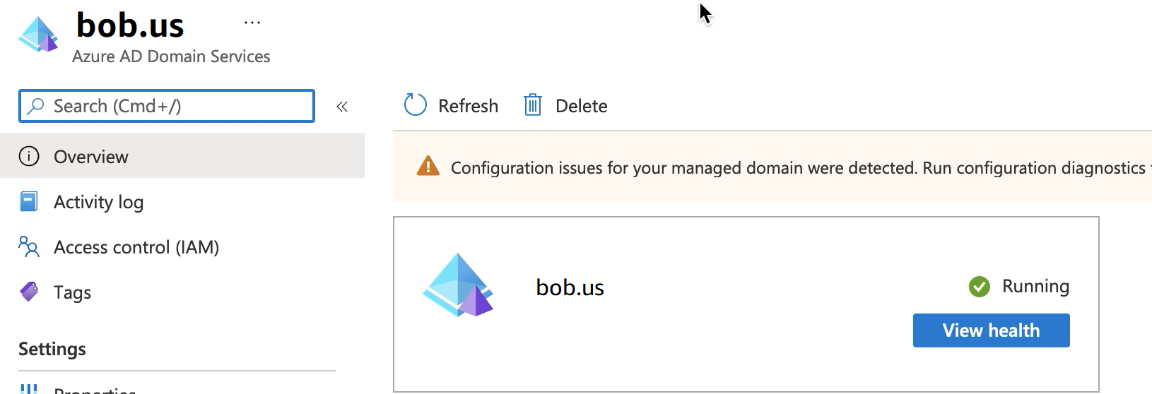 Azure AD 域服务屏幕显示资源组 bob.us 正在运行。