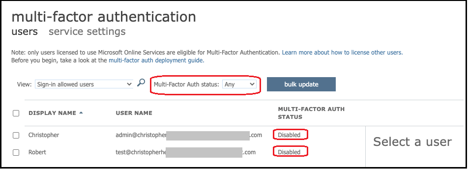
                        Azure AD 多重身份验证详细信息，显示两个用户的 MFA 状态为已禁用。
                    