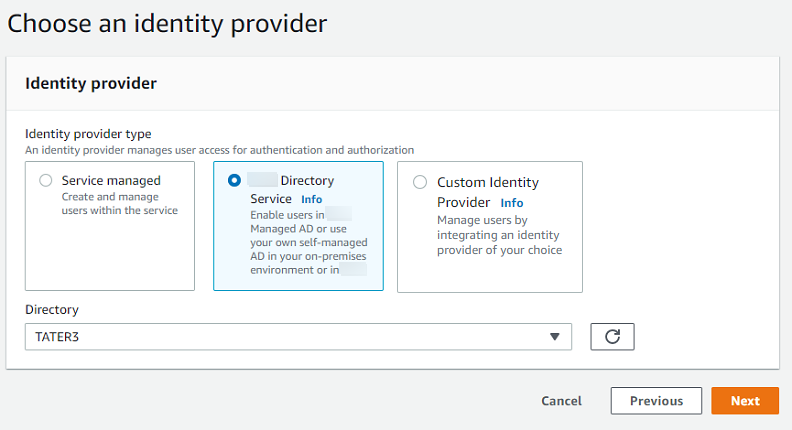 
                            在选择身份提供商控制台部分，已选择Amazon Directory Service。
                        