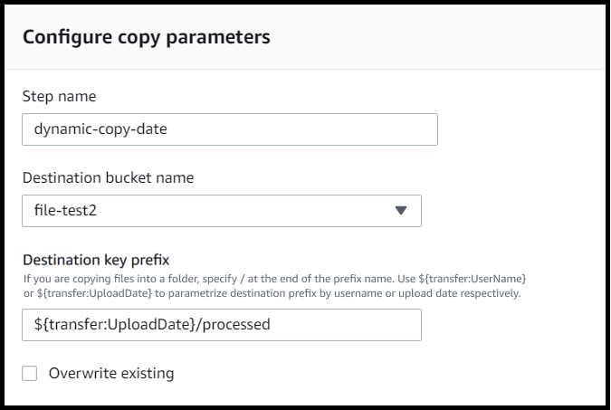 
                        复制步骤的配置参数屏幕，显示目标存储桶名称和目标 key prefix。使用参数对 key prefix 进行参数化。UploadDate
                    