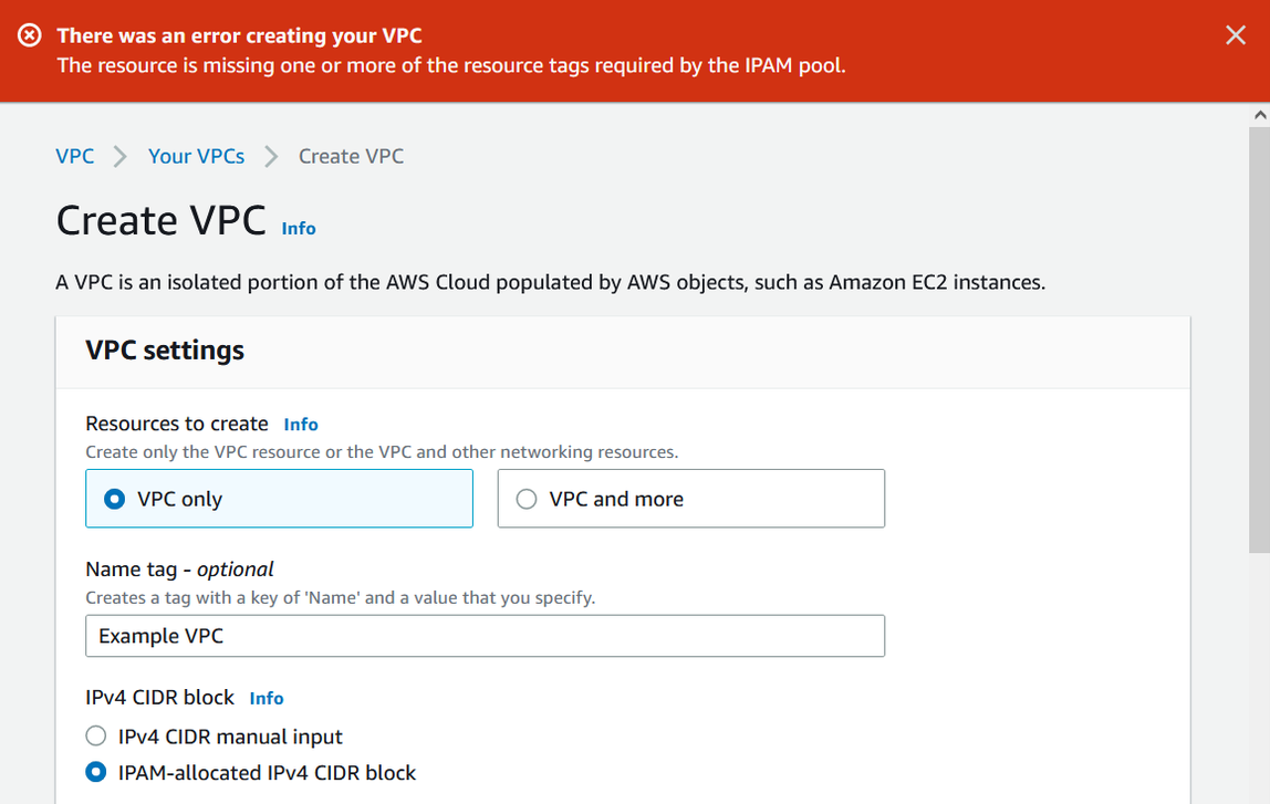
              在 Amazon VPC 控制台中创建 VPC 错误。          
            
