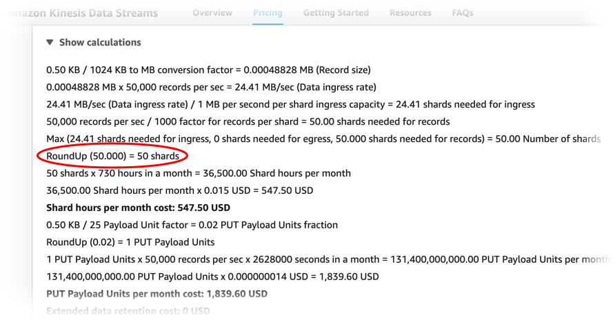 Amazon Kinesis Data Streams 中的示例，其中显示了建议的分区数。