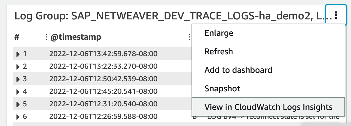 包含 View in CloudWatch Logs Insights(在 CloudWatch Logs Insights 中查看)功能的 CloudWatch Application Insights 详细信息。