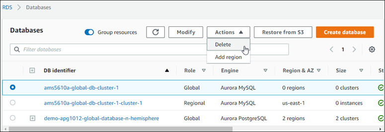 即使没有任何关联的 Aurora 数据库集群，基于 Aurora MySQL 5.6.10a 的 Aurora Global Database 仍将保留在Amazon Web Services Management Console中，直到您将其删除为止。