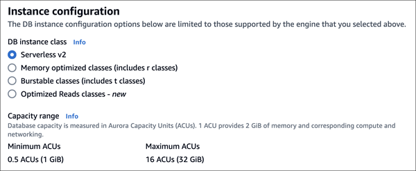 Aurora Serverless v2 的实例配置用户界面。