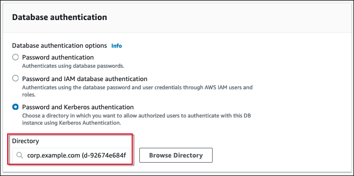 Amazon RDS 控制台中选中了密码和 Kerberos 身份验证的数据库身份验证部分。