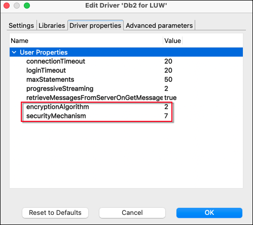 DBeaver 中“编辑驱动程序”窗口的“驱动程序属性”选项卡。