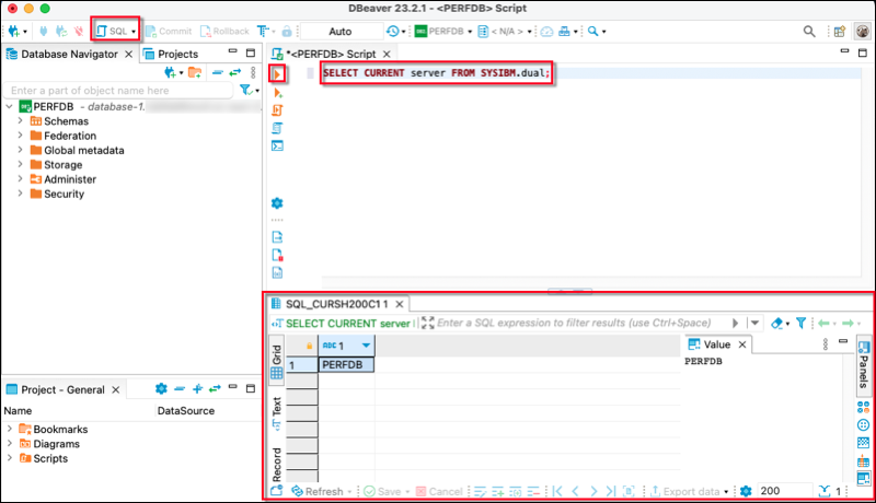 显示如何在 DBeaver 中运行 SQL 命令并查看结果的窗口。
