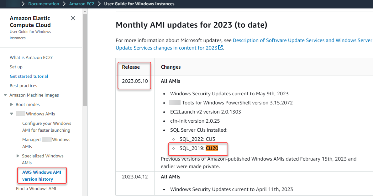 SQL Server 2019 CU20 的 AMI 版本历史记录结果。