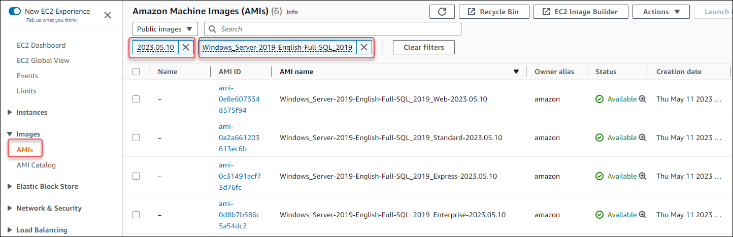 使用 SQL Server 2019 CU20 时支持的 AMI。