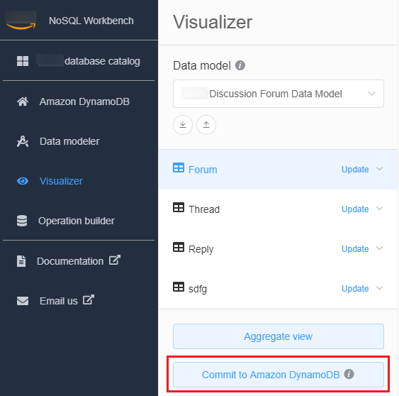 显示“Commit to DynamoDB (提交至 DynamoDB)”按钮的控制台屏幕截图。