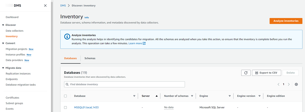 DMS 控制台的“清单”选项卡。