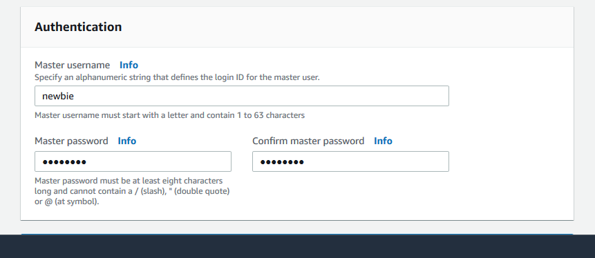 用于为新的 Amazon DocumentDB 集群指定主用户名和密码的身份验证表单。