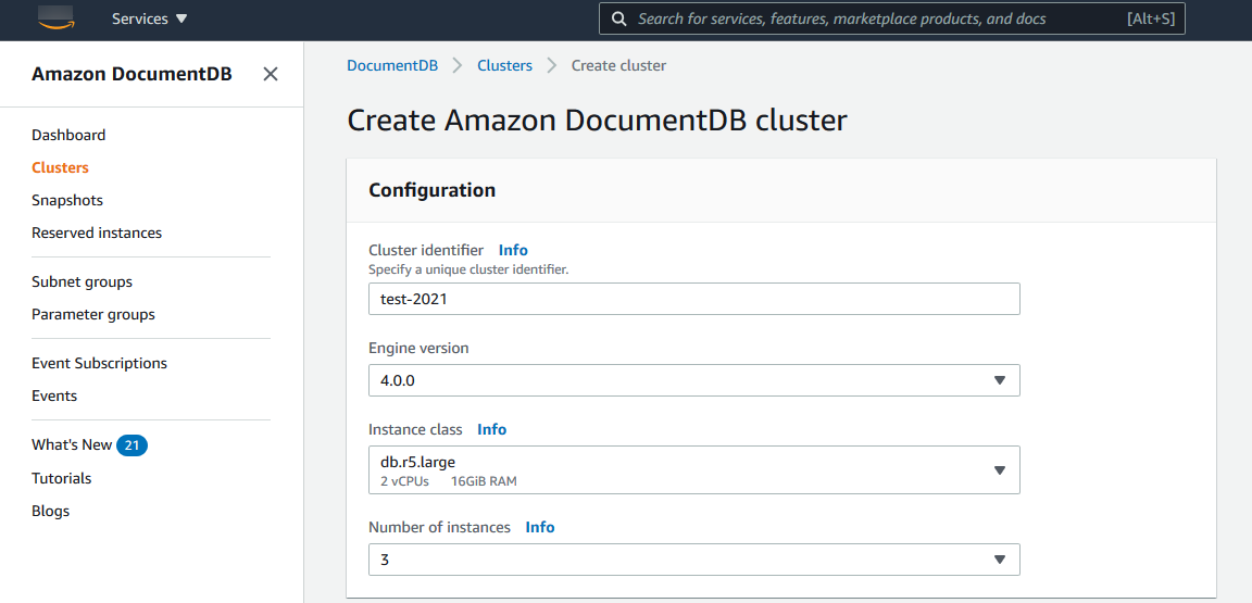 用于创建 Amazon DocumentDB 集群的配置选项表单。