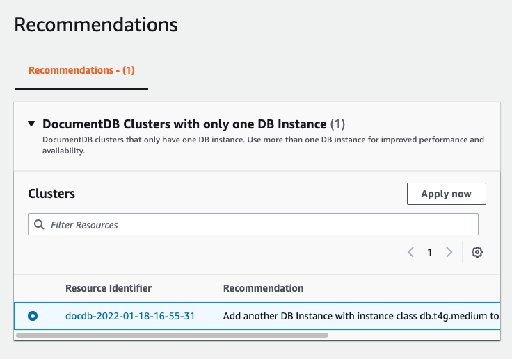 “推荐” 表单显示了 Amazon DocumentDB 集群所选的推荐任务。