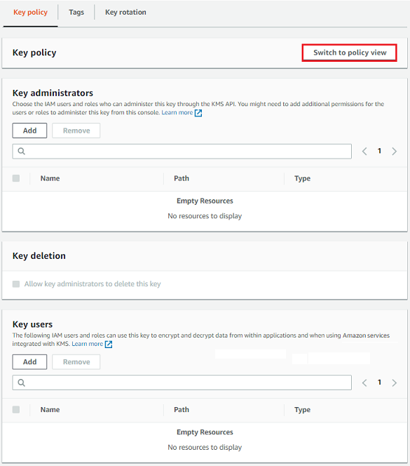在 Amazon KMS 控制台的默认视图中查看默认密钥策略