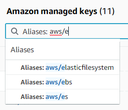 Search box for Amazon 托管式密钥 with Aliases filter and example entries.