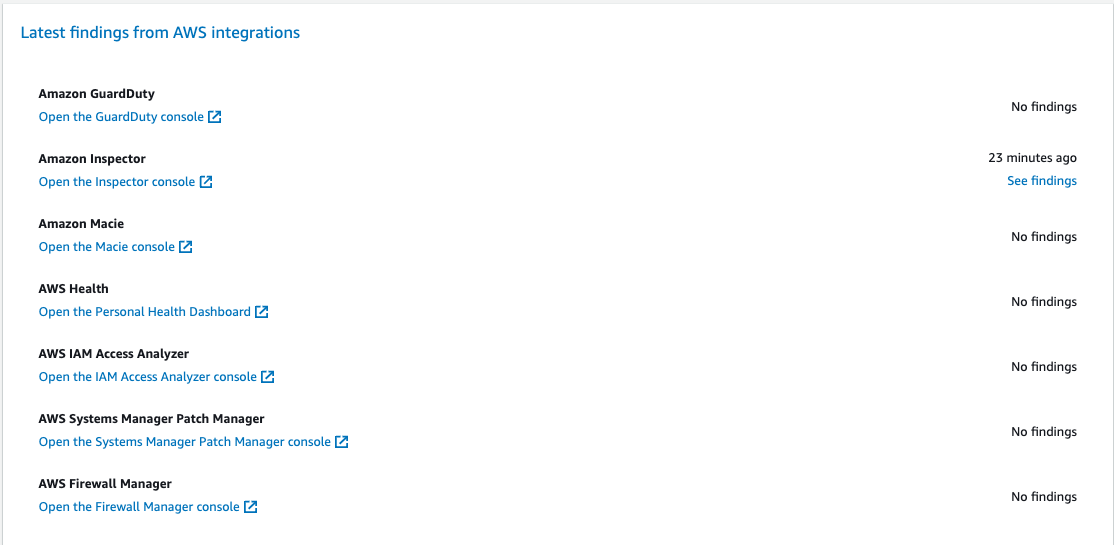 Security Hub CSPM console "Latest findings from Amazon integrations" section