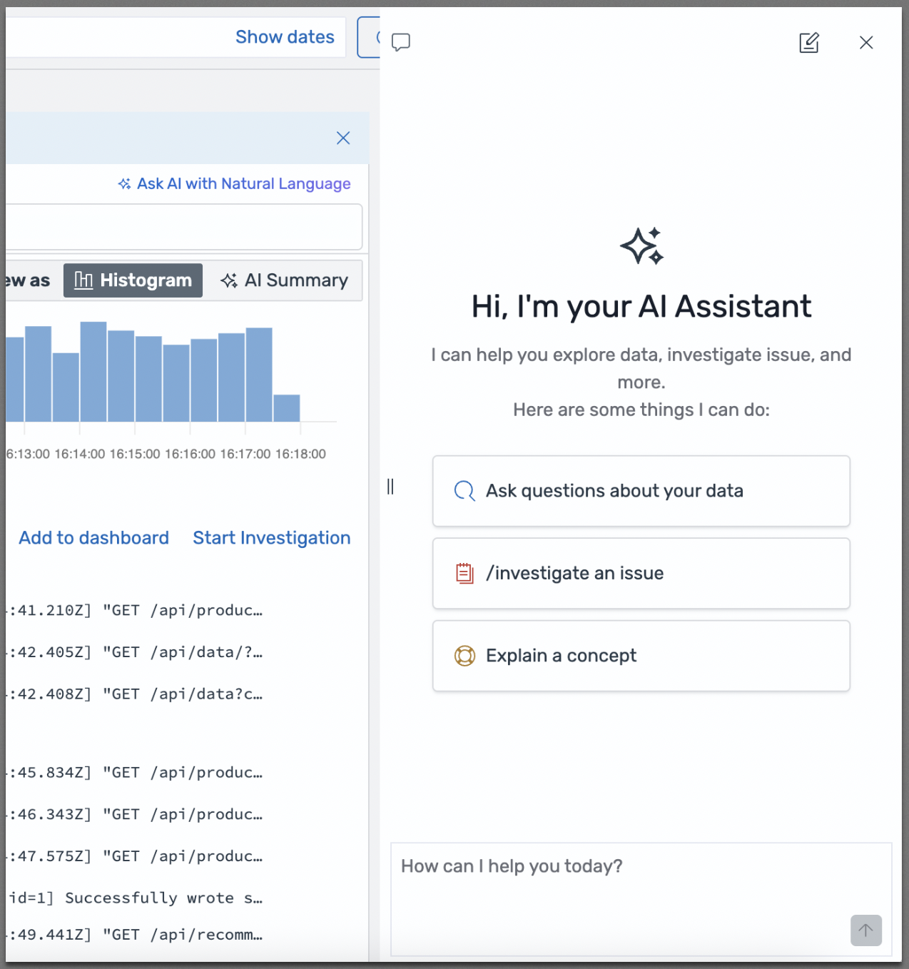 Agentic Chat 面板显示了 AI Assistant 的欢迎消息，其中包含提问、调查问题或解释概念的选项。