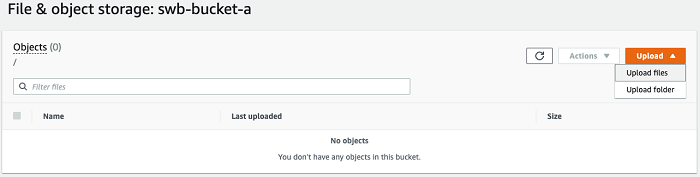 Amazon S3 存储桶，其中“上传”菜单中的“上传文件”已选中