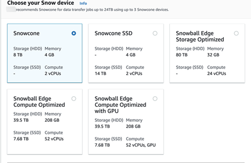 Snow 设备选项列表，显示各设备的计算、内存和存储。