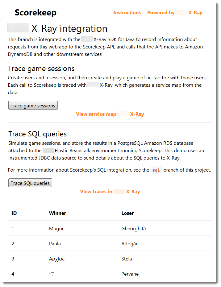 Amazon X-Ray integration demo page showing game session tracing and SQL query tracing options.